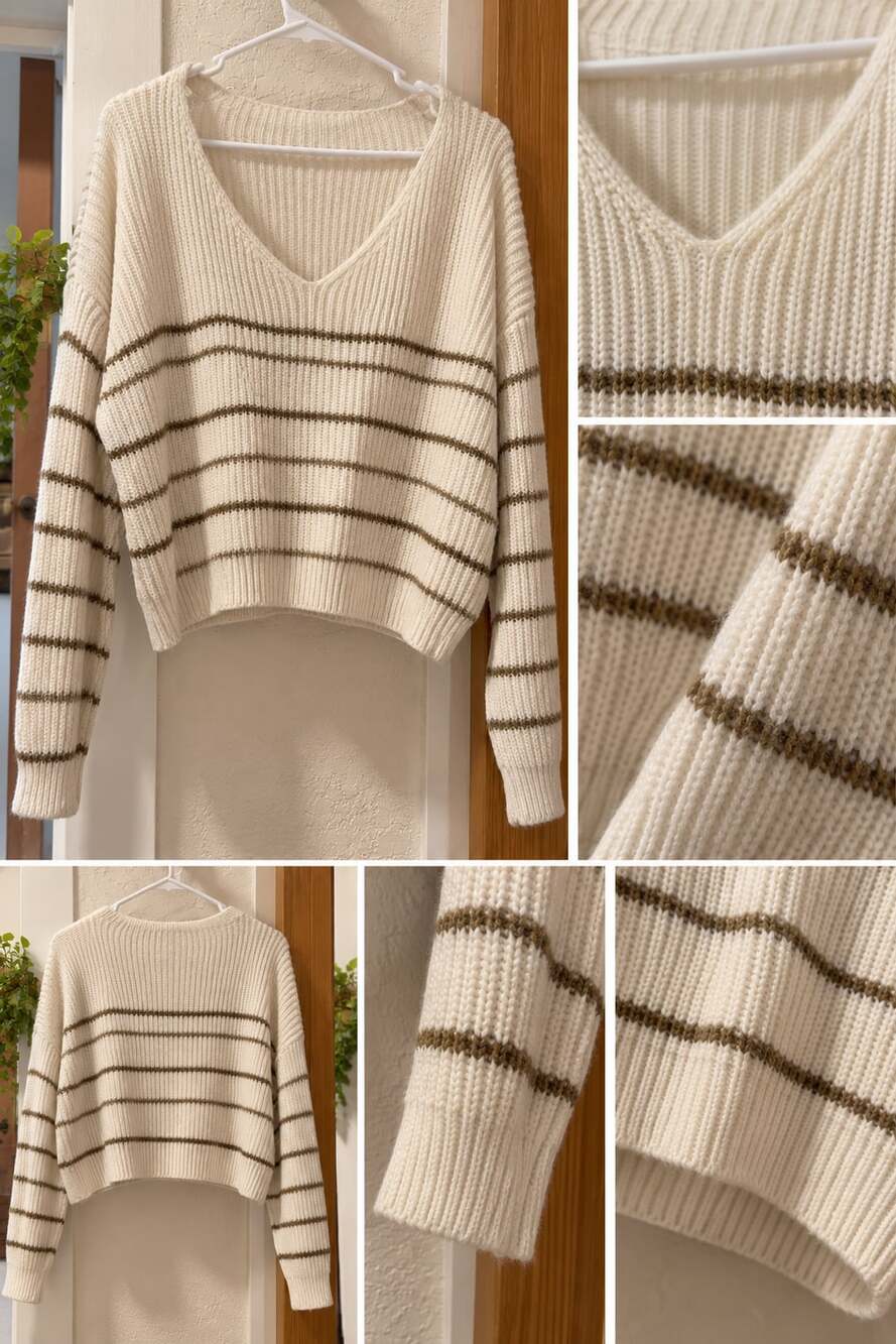 SHEIN Striped V-Neck Cropped Knit Sweater Beige